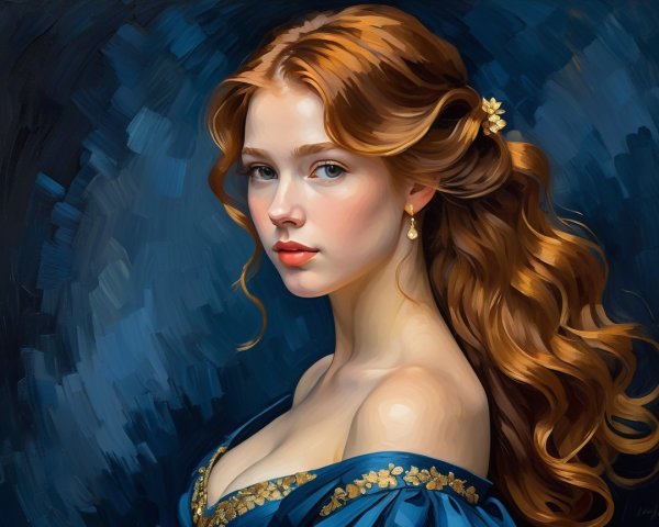 Portrait of a Young Woman in Blue Dress with Red Hair