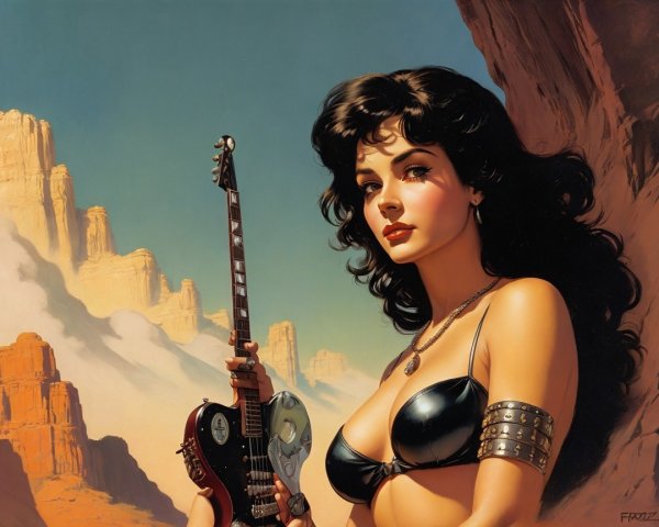 Woman in Black Bikini with Guitar in Desert Landscape