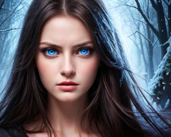 Young woman with blue eyes in a snow-covered forest