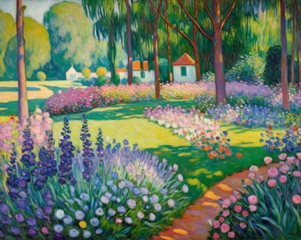 Vibrant Garden Landscape with Colorful Flowers and Homes