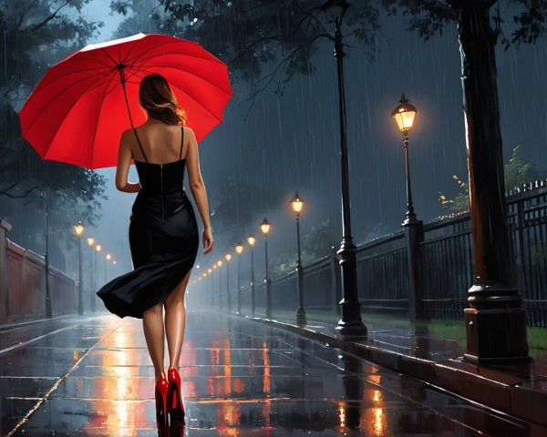 Woman in Black Dress with Red Umbrella in Rain