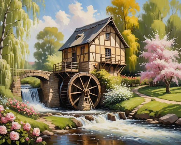 Traditional Watermill by Serene Stream and Greenery