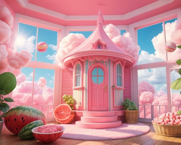 Candy-Themed Room with Pink House and Cotton Candy Clouds