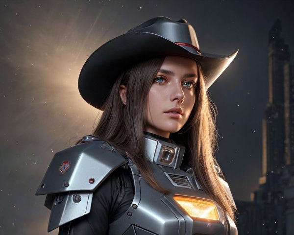 Futuristic Woman in Silver Armor Against Sci-Fi Background