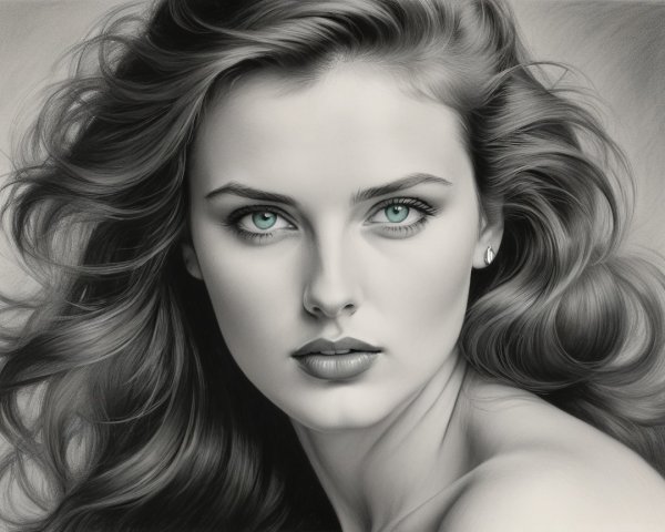Black and white portrait of a young woman with green eyes