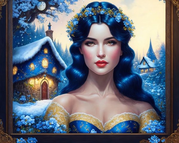 Serene Winter Scene with Young Woman in Blue Gown