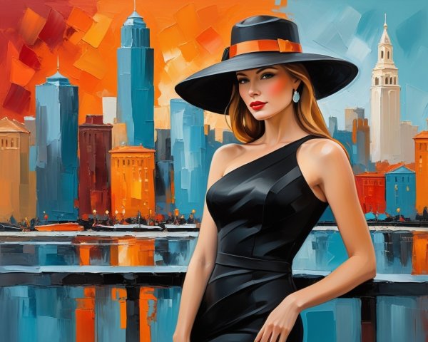 Woman in Black Dress Against Sunset City Skyline