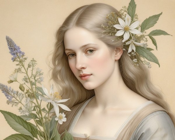 Young woman with flowers in serene, tranquil setting