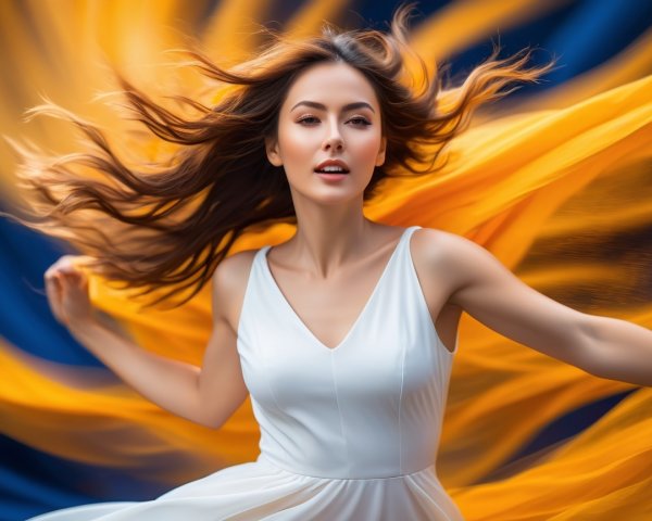 Woman in white dress dances against vibrant backdrop