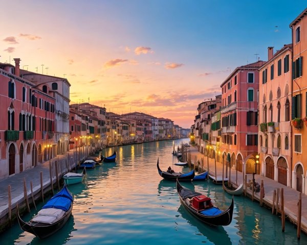 Serene Venetian Canal at Dusk with Colorful Buildings