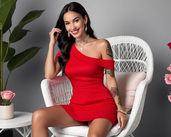 Elegant Woman in Red Dress with Silver Accessories