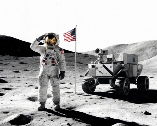 Astronaut Saluting on Moon with Lunar Rover and Flag