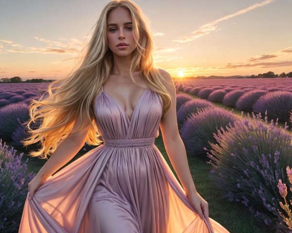 Woman in pink gown among lavender field at sunset
