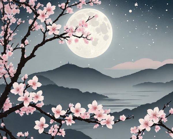 Serene Night Landscape with Moon and Cherry Blossoms
