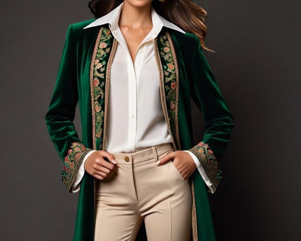Luxurious Green Velvet Coat with Floral Embroidery