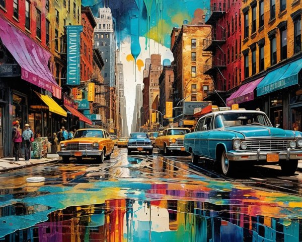 Vibrant City Street Scene with Colorful Taxis and Cars