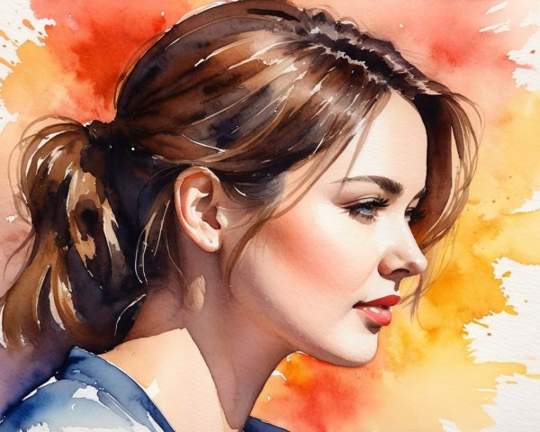 Watercolor Portrait of a Young Woman in Profile