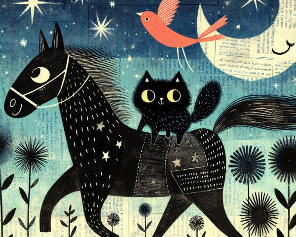 Whimsical Illustration of a Horse, Cat, and Night Sky