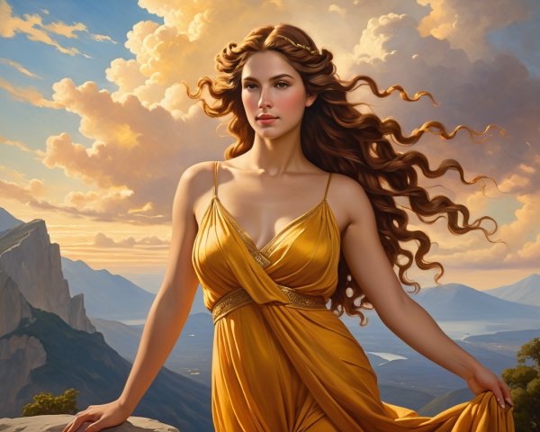 Young Woman in Gold Gown on Mountaintop at Sunset