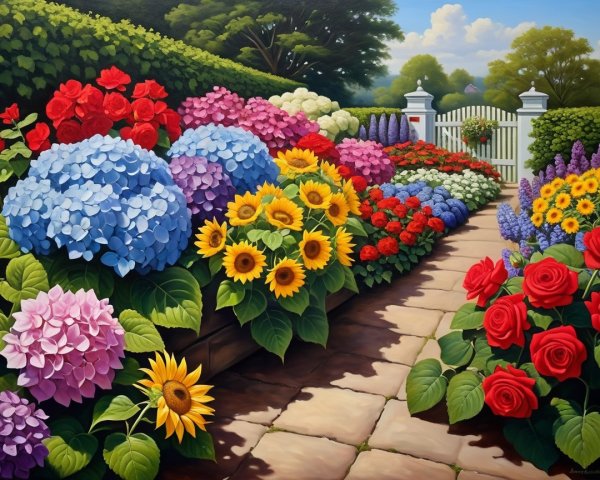 Vibrant Garden Pathway with Blooming Flowers and Gate