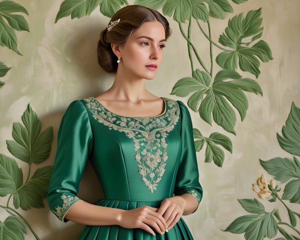 Elegant Woman in Green Dress with Leafy Backdrop