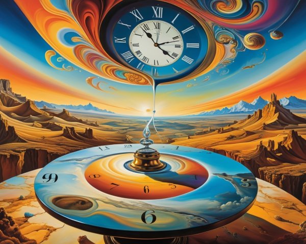 Surreal Landscape with Ornate Clock and Cosmic Scene