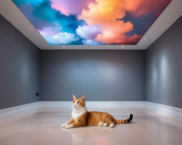 Cozy Modern Room with Colorful Ceiling Mural and Cat
