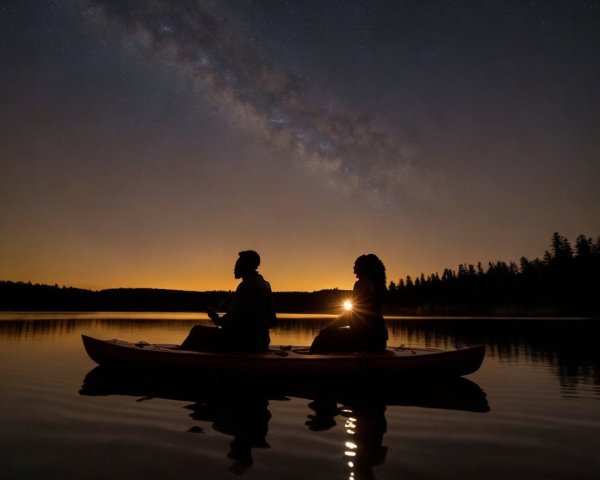 Kayakers on a calm lake under the Milky Way