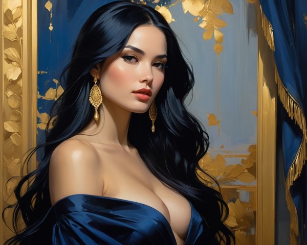 Portrait of a woman in dark blue off-shoulder attire