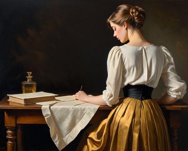 Young woman writing at a wooden table in serene setting