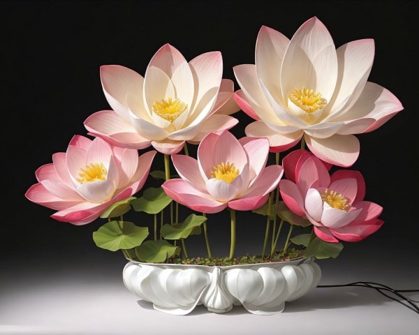 Vibrant Lotus Flowers in Decorative White Bowl