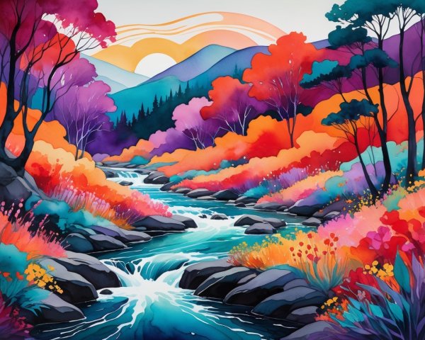 Vibrant Landscape with Winding River and Colorful Foliage