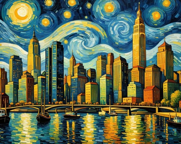 Vibrant City Skyline at Night with Starry Sky