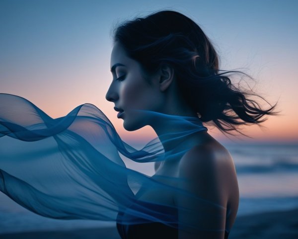 Silhouette of Woman Against Sunset at the Beach