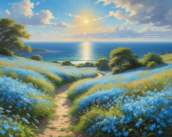 Vibrant Forget-Me-Nots in a Serene Landscape