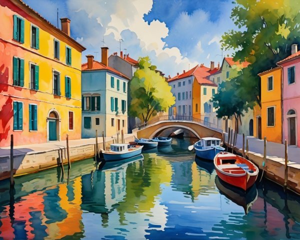 Vibrant Watercolor of a Colorful Canal Scene