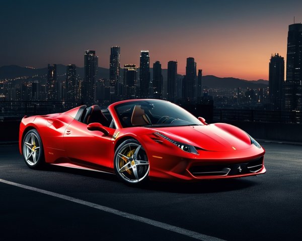 Red Ferrari 458 Spider Under Twilight Sky with Skyline