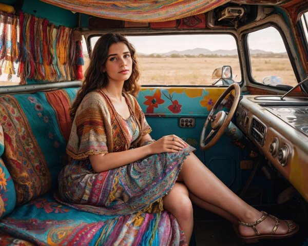 Young Woman in Vintage Van with Bohemian Decor