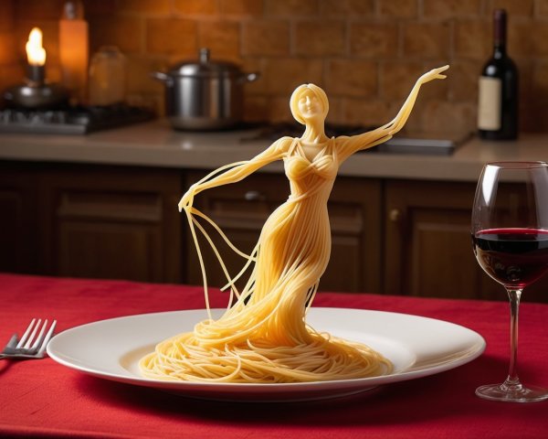 Spaghetti Woman Sculpture on Plate with Wine Setting