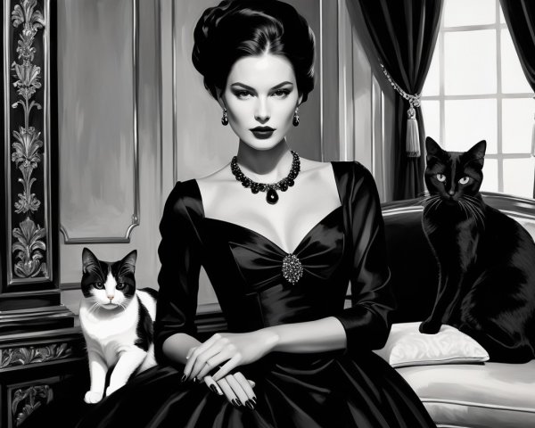 Elegant Woman in Luxurious Room with Cats