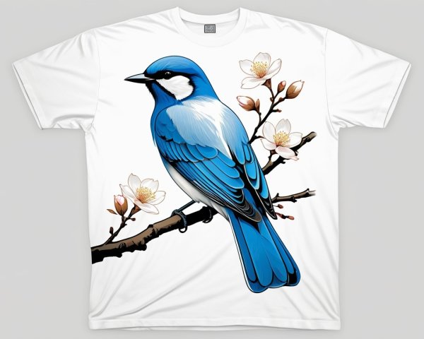 White T-shirt with Blue Bird and Floral Illustration