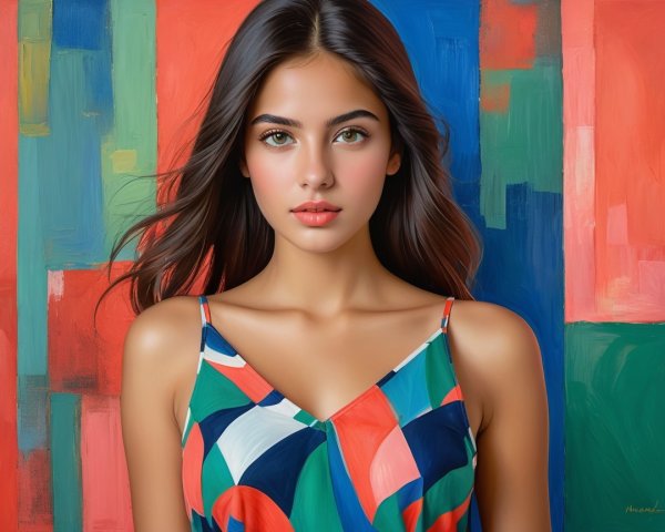 Young Woman in Vibrant Dress Against Abstract Background