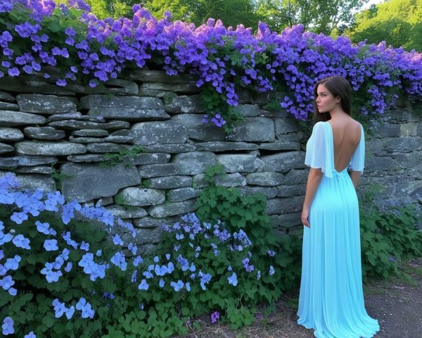 Young woman in light blue dress among purple flowers