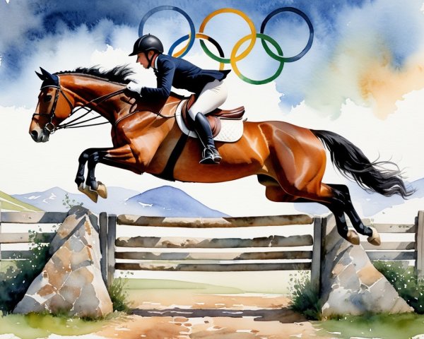 Watercolor Illustration of Equestrian Rider Jumping