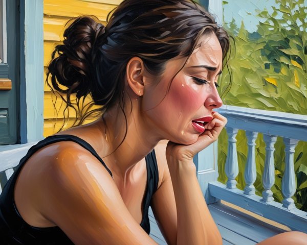 Woman in contemplation on a porch with greenery backdrop