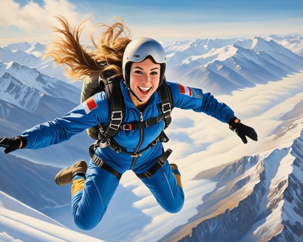 Skydiver in blue jumpsuit above snow-capped mountains