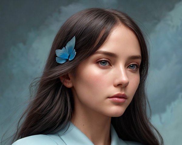 Young woman with dark hair and butterfly in serene setting