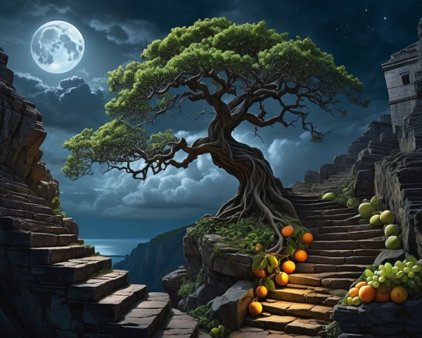 Majestic tree and stone steps under a full moon