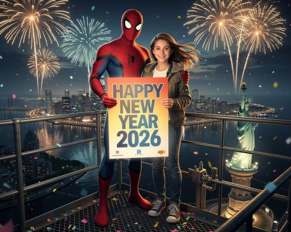 Anime depiction of Spider-Man and girl with NYC skyline