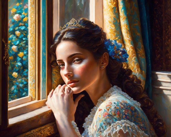 Young Woman in Elegant Window with Floral Dress